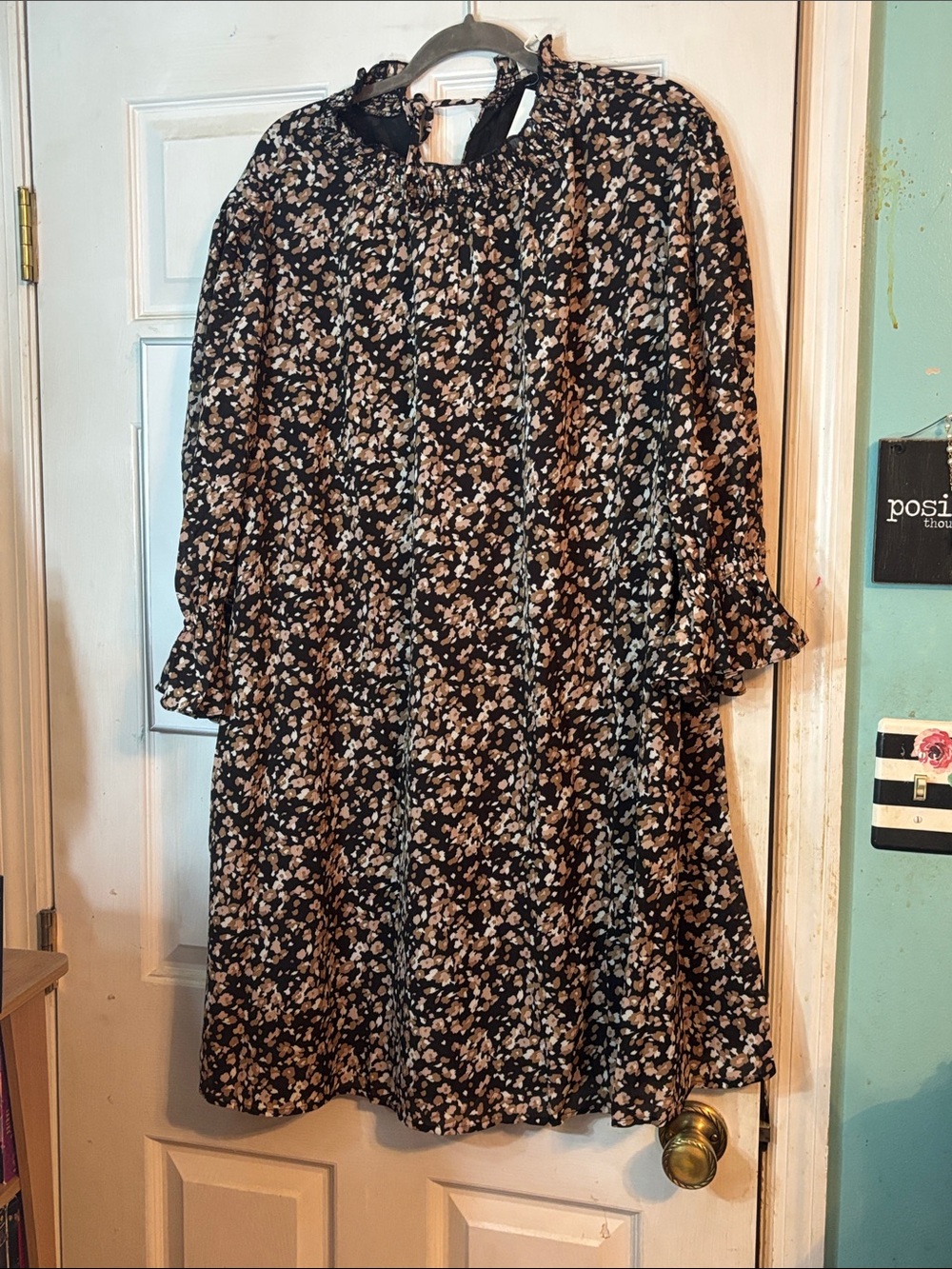 Black Floral Long-Sleeve Ruffle-Neck Dress Size 1X